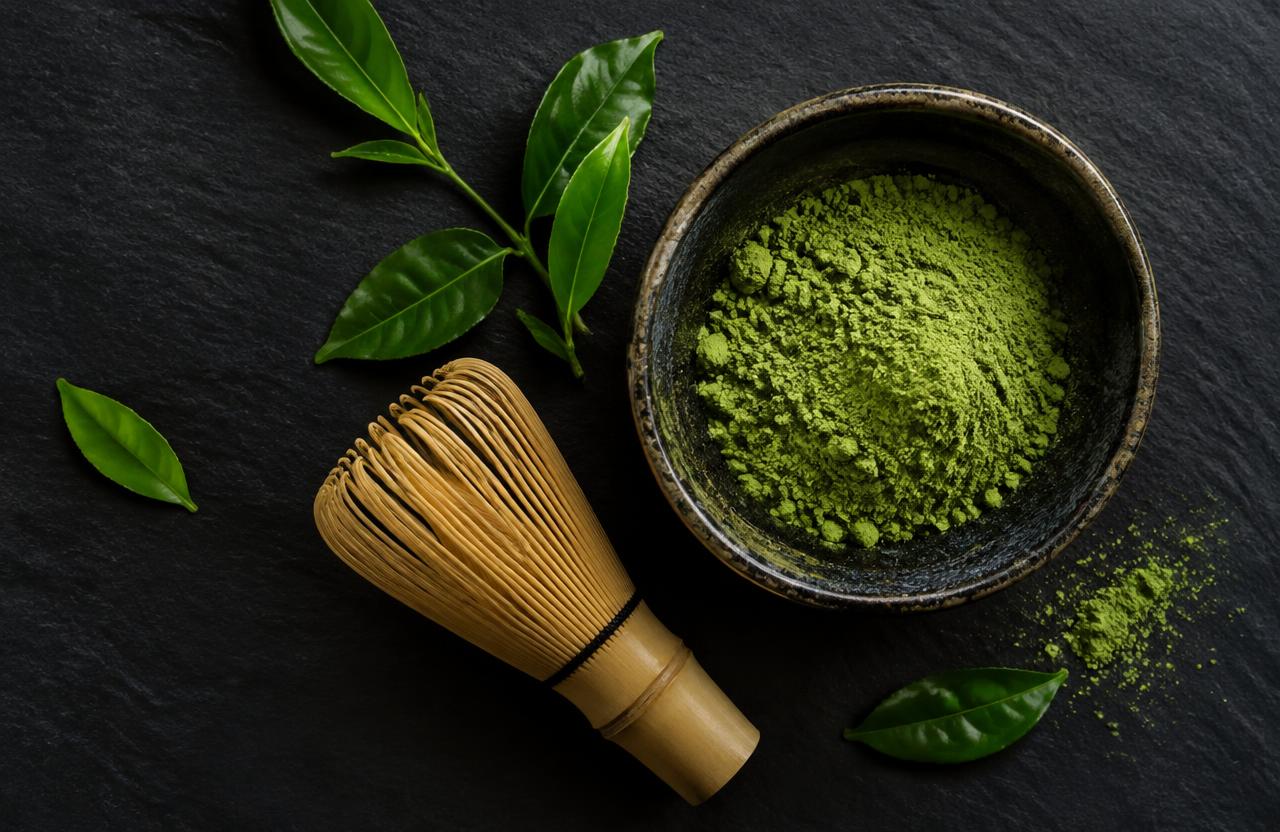 Bright green matcha powder in a ceramic bowl beside a bamboo whisk and fresh tea leaves